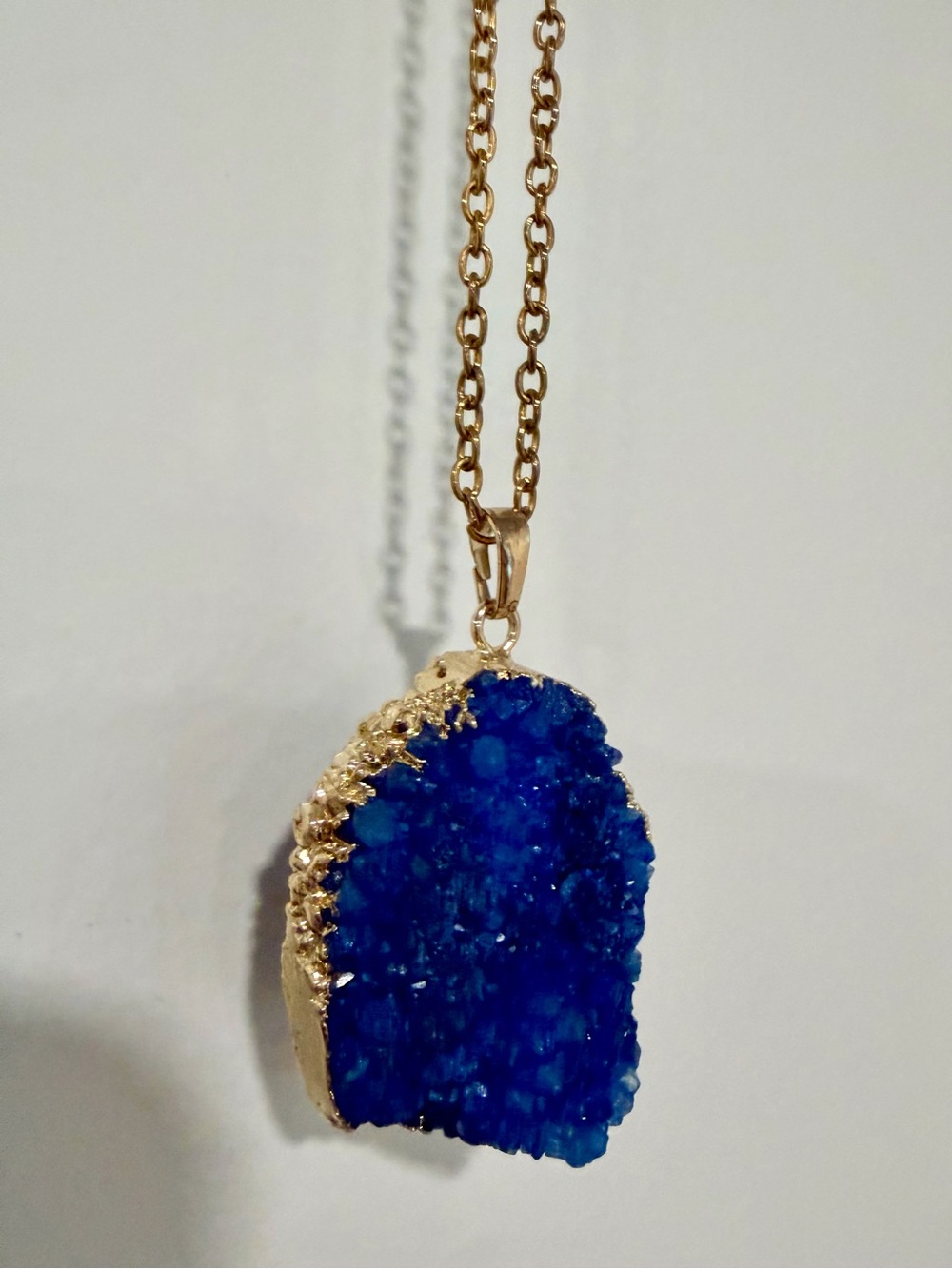 Blue Druzy Geode Crystal Pendant Gold Tone Chain Necklace Boho